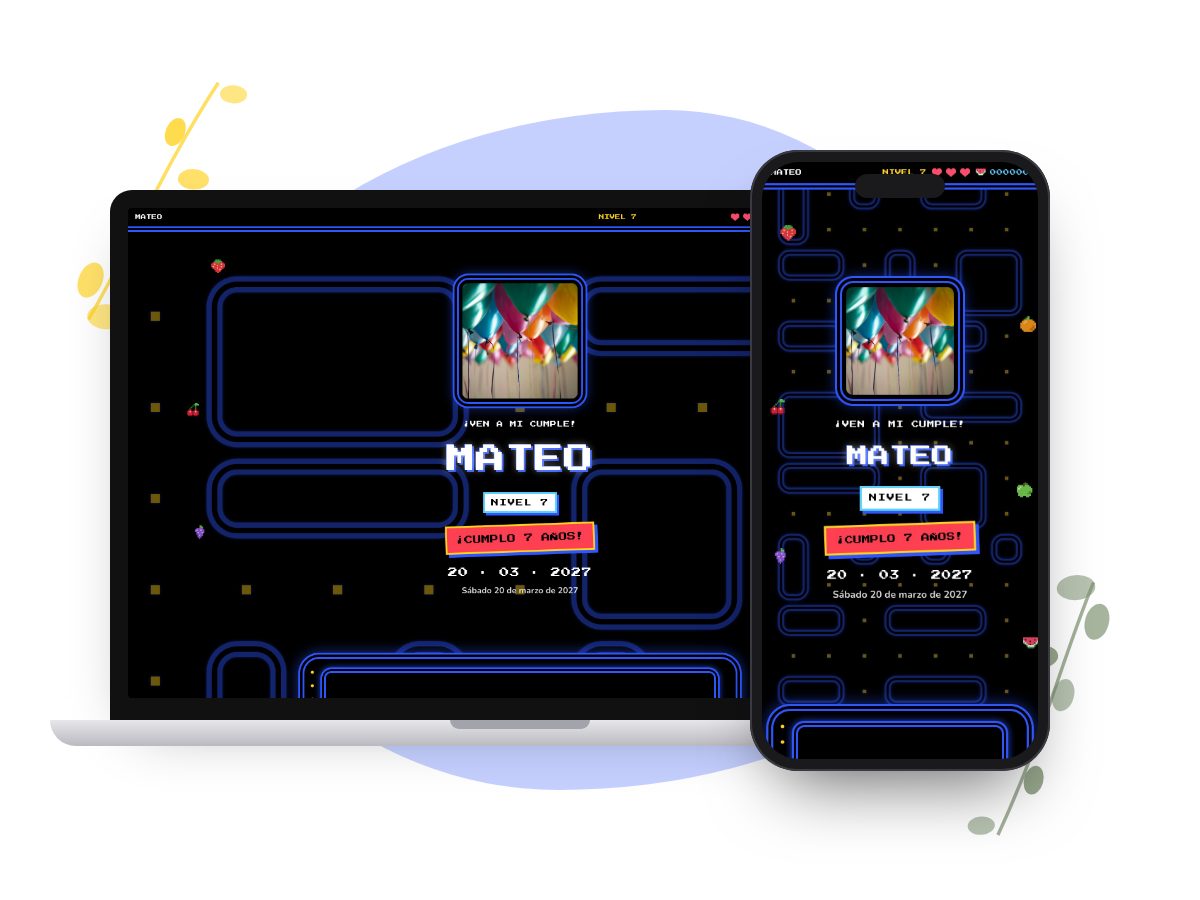 Invitación Arcade Neón en computadora y celular