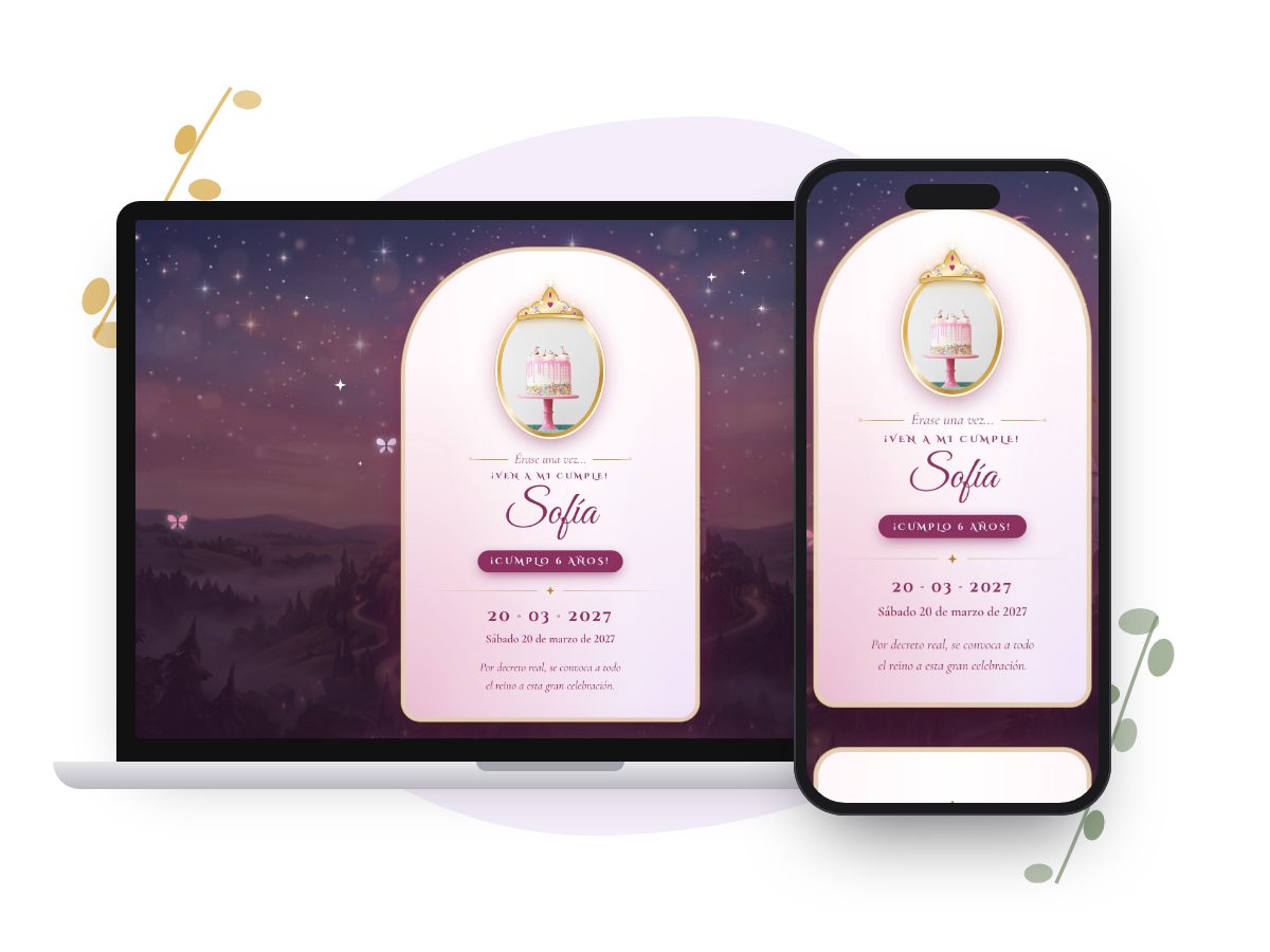 Invitación Castillo de Ensueño en computadora y celular