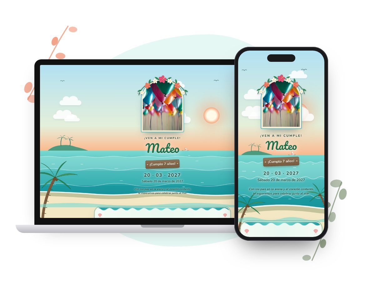 Invitación Isla de Palmeras en computadora y celular