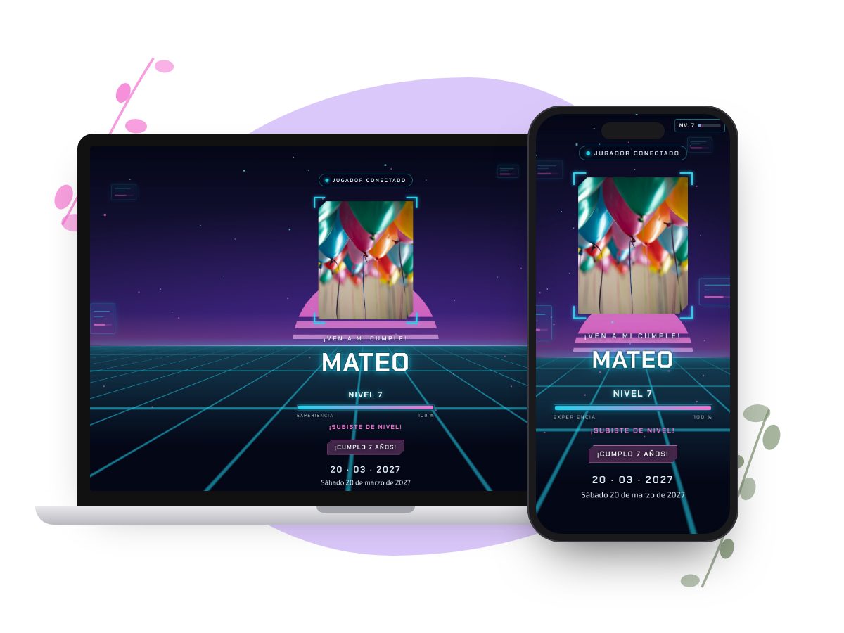 Invitación Nivel Neón en computadora y celular