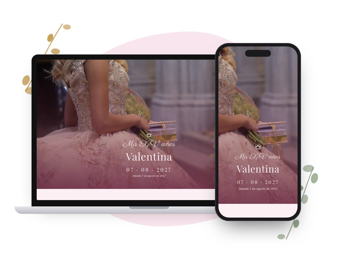 Invitación Tiara Rosa en computadora y celular