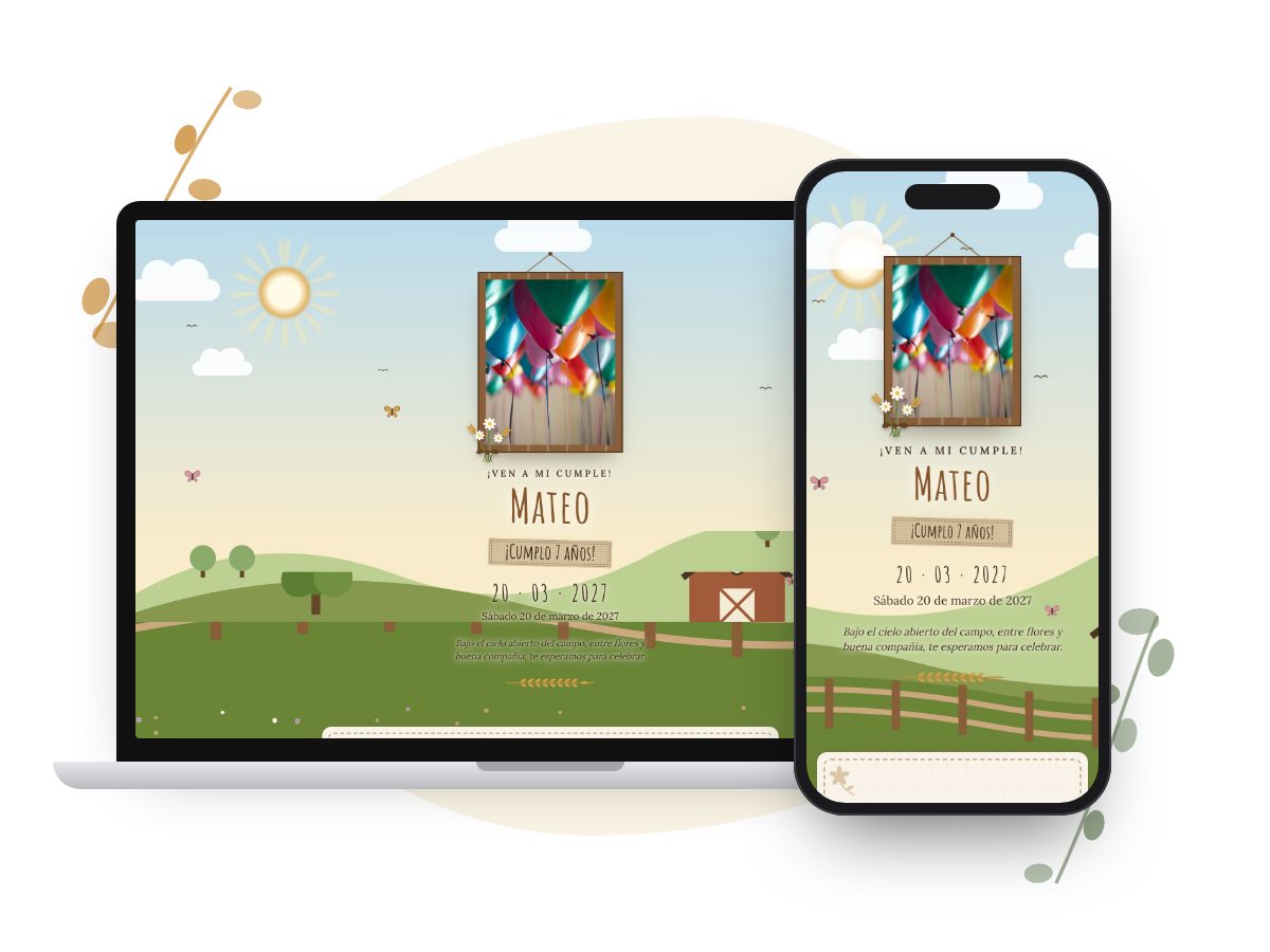 Invitación Trigal Dorado en computadora y celular