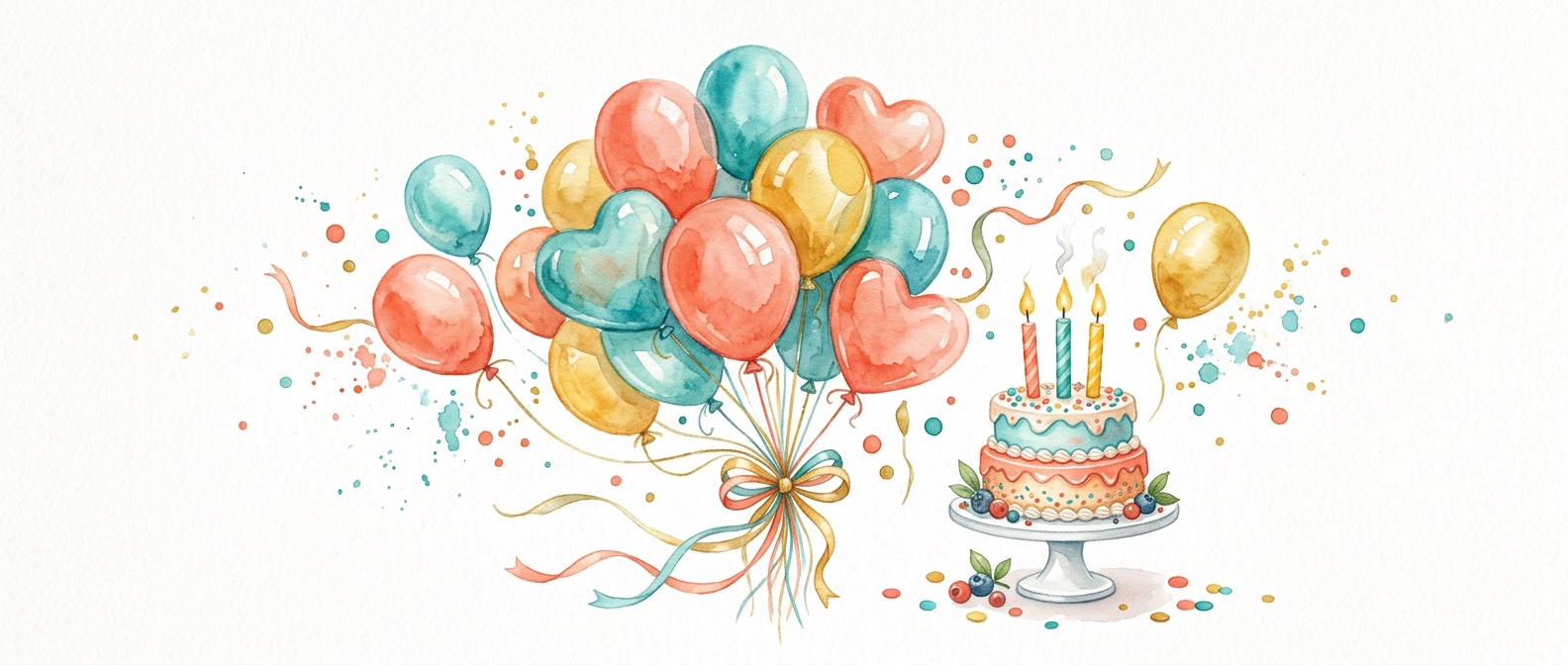 Globos y pastel de cumpleaños en acuarela